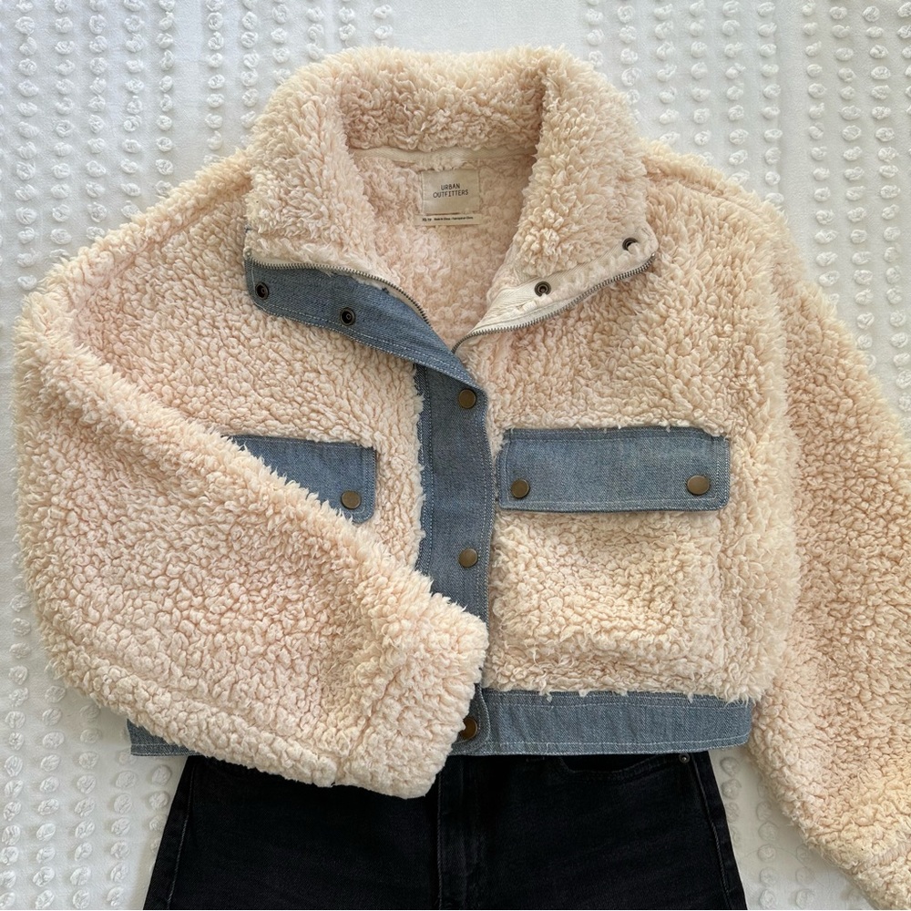 Urban Outfitters Sherpa Teddy Jacket with Denim Trim XS